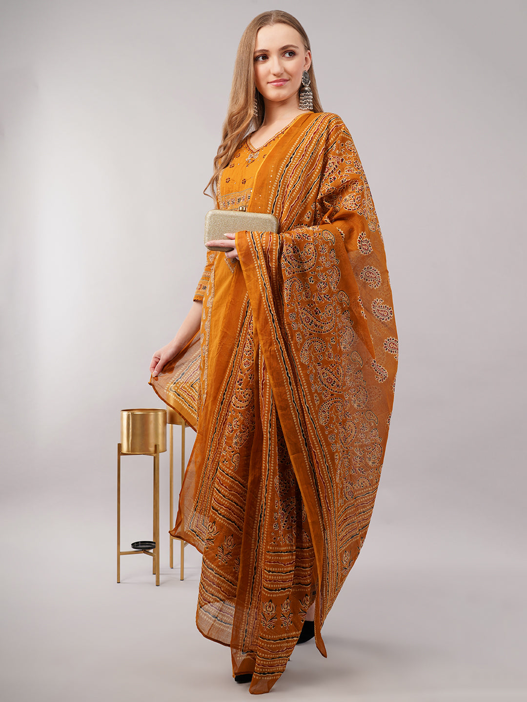 dhartii Mustard Yellow Printed Ethnic Cotton Suit Set