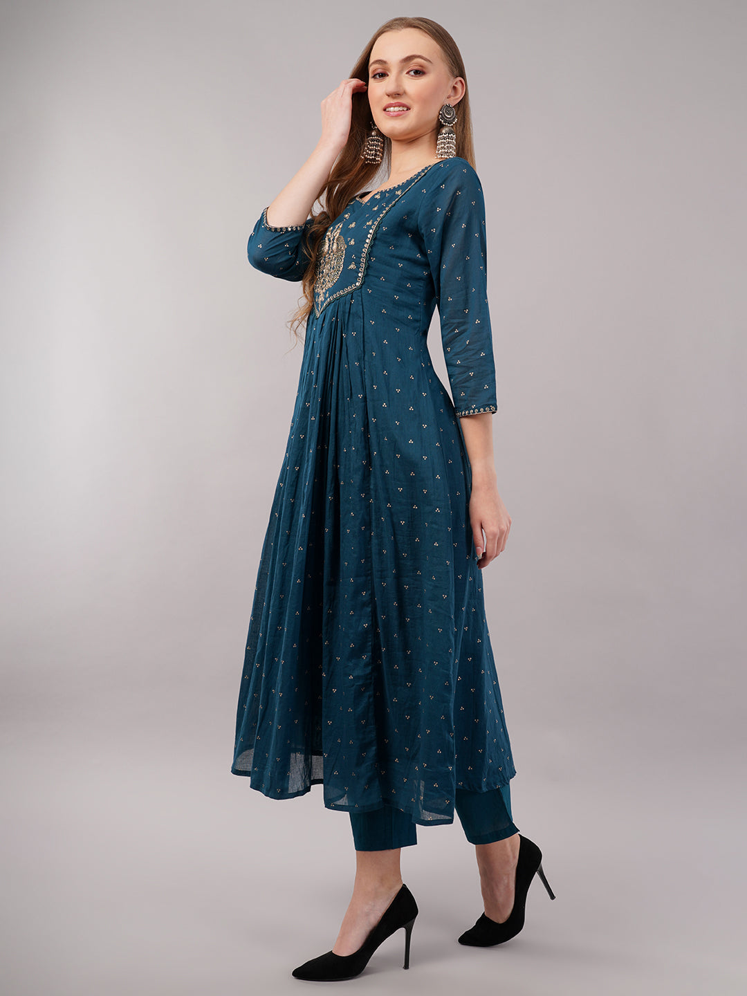 dhartii Teal Blue Khadi Print Cotton Suit Set