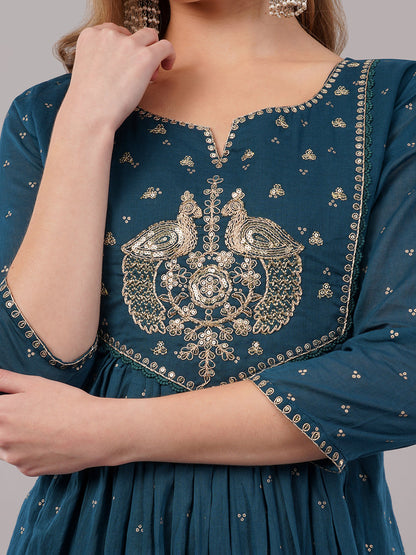 dhartii Teal Blue Khadi Print Cotton Suit Set