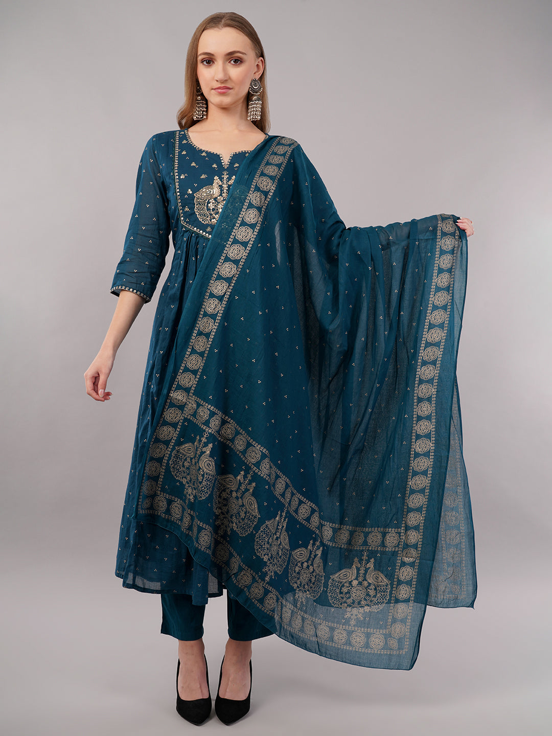 dhartii Teal Blue Khadi Print Cotton Suit Set