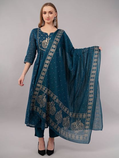 dhartii Teal Blue Khadi Print Cotton Suit Set
