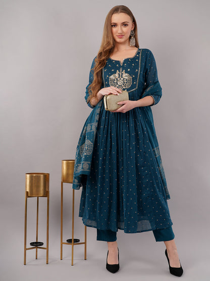 dhartii Teal Blue Khadi Print Cotton Suit Set