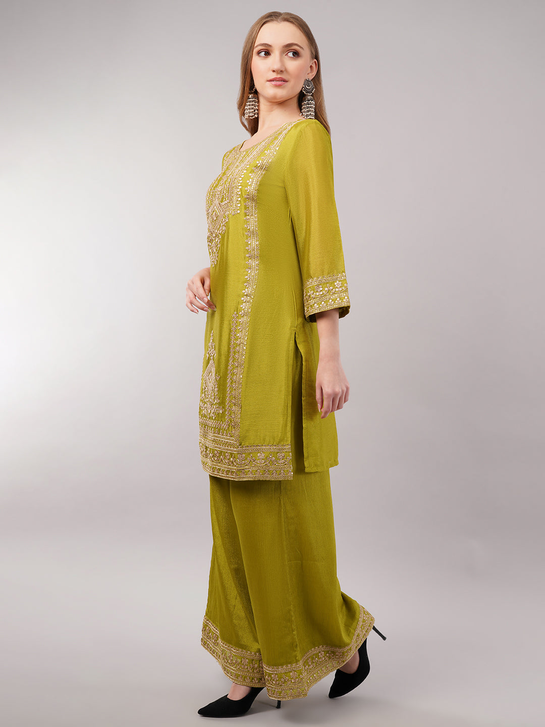 dhartii Green Zari Embroidered chinon Suit Set
