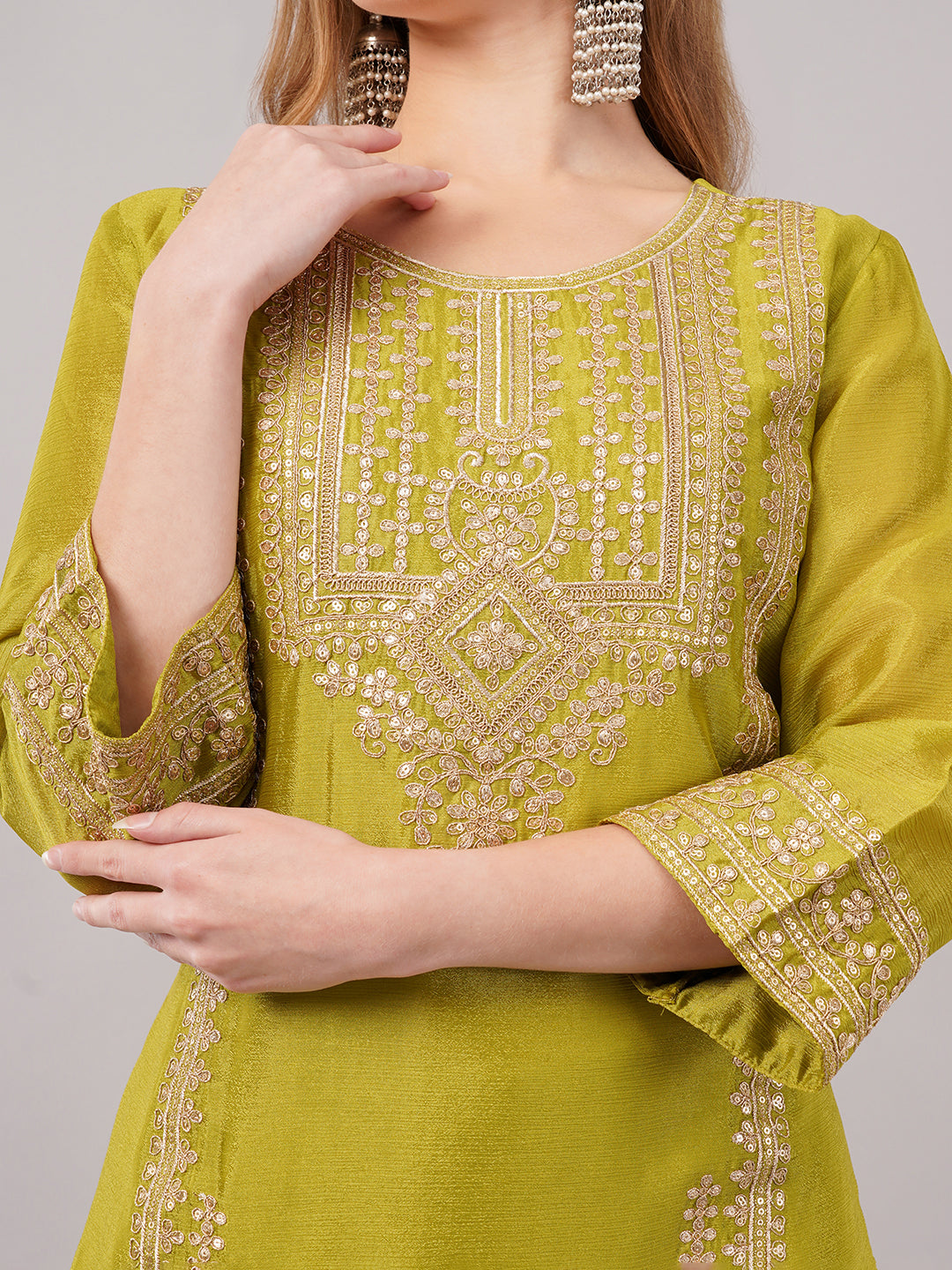 dhartii Green Zari Embroidered chinon Suit Set