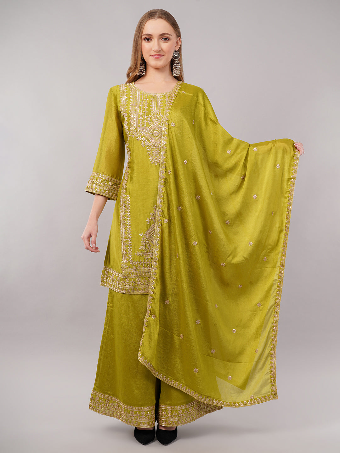 dhartii Green Zari Embroidered chinon Suit Set