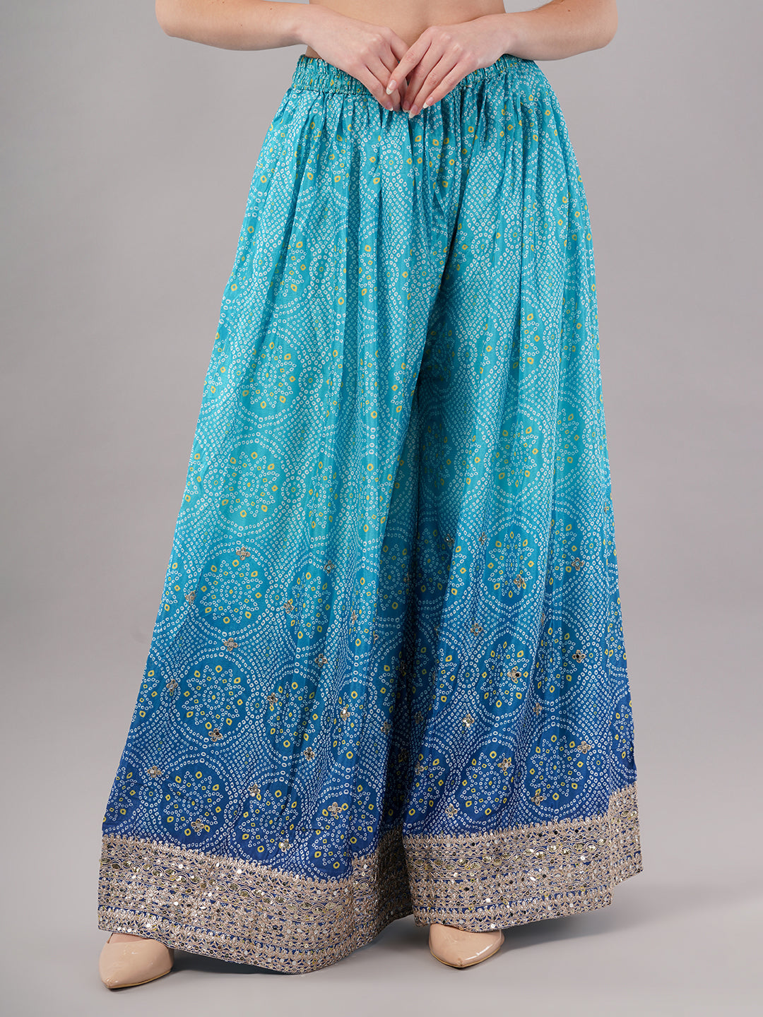 dhartii Festive Turquoise Blue Shaded Bandhni Sharara Set with Mirror Embellishments