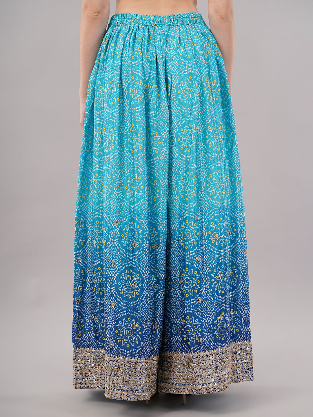 dhartii Festive Turquoise Blue Shaded Bandhni Sharara Set with Mirror Embellishments
