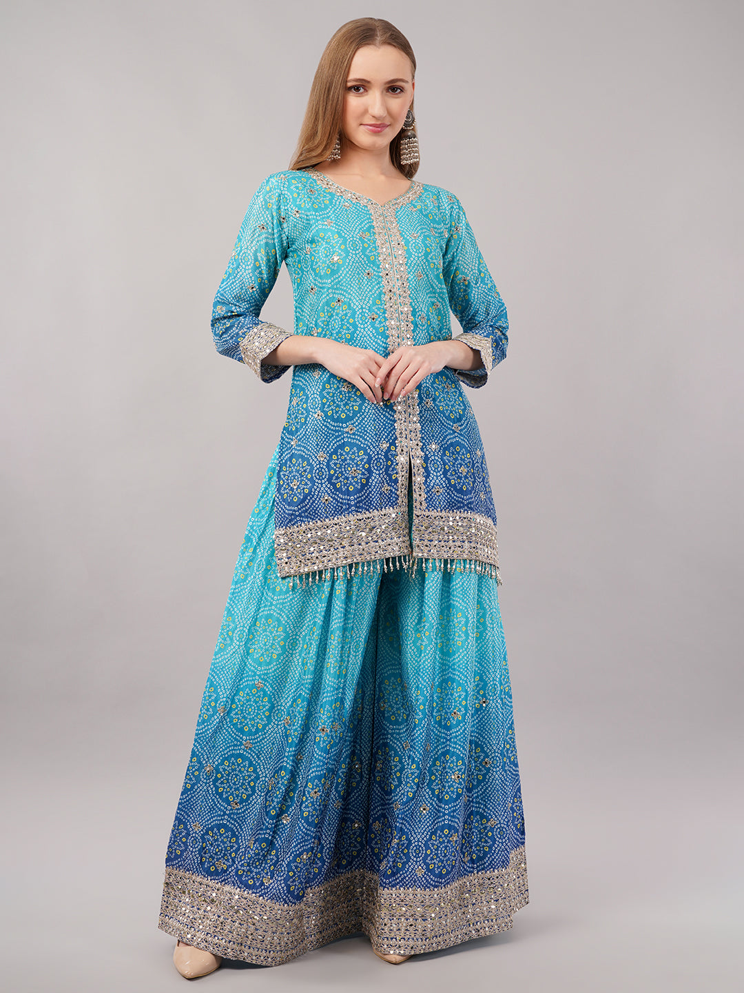 dhartii Festive Turquoise Blue Shaded Bandhni Sharara Set with Mirror Embellishments