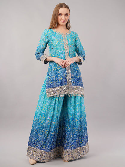 dhartii Festive Turquoise Blue Shaded Bandhni Sharara Set with Mirror Embellishments