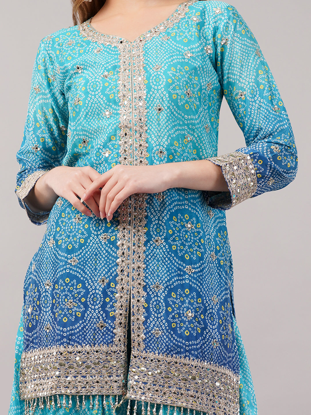 dhartii Festive Turquoise Blue Shaded Bandhni Sharara Set with Mirror Embellishments