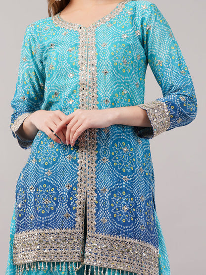 dhartii Festive Turquoise Blue Shaded Bandhni Sharara Set with Mirror Embellishments