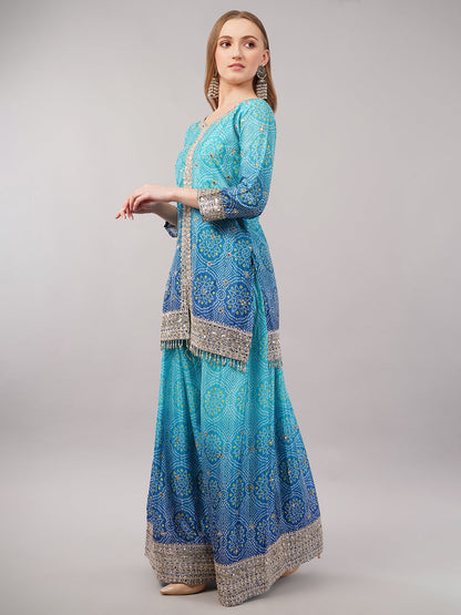 dhartii Festive Turquoise Blue Shaded Bandhni Sharara Set with Mirror Embellishments