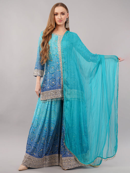 dhartii Festive Turquoise Blue Shaded Bandhni Sharara Set with Mirror Embellishments