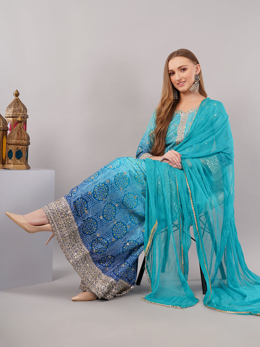 dhartii Festive Turquoise Blue Shaded Bandhni Sharara Set with Mirror Embellishments