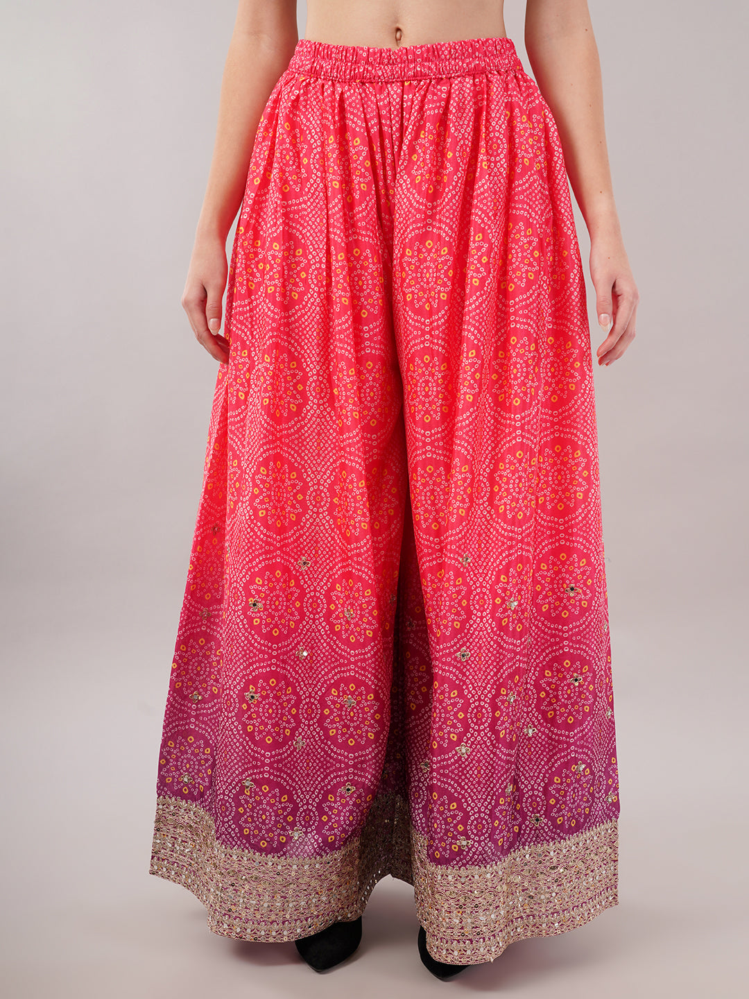 dhartii Festive Fucshia Pink Shaded Bandhni Sharara Set with Mirror Embellishments