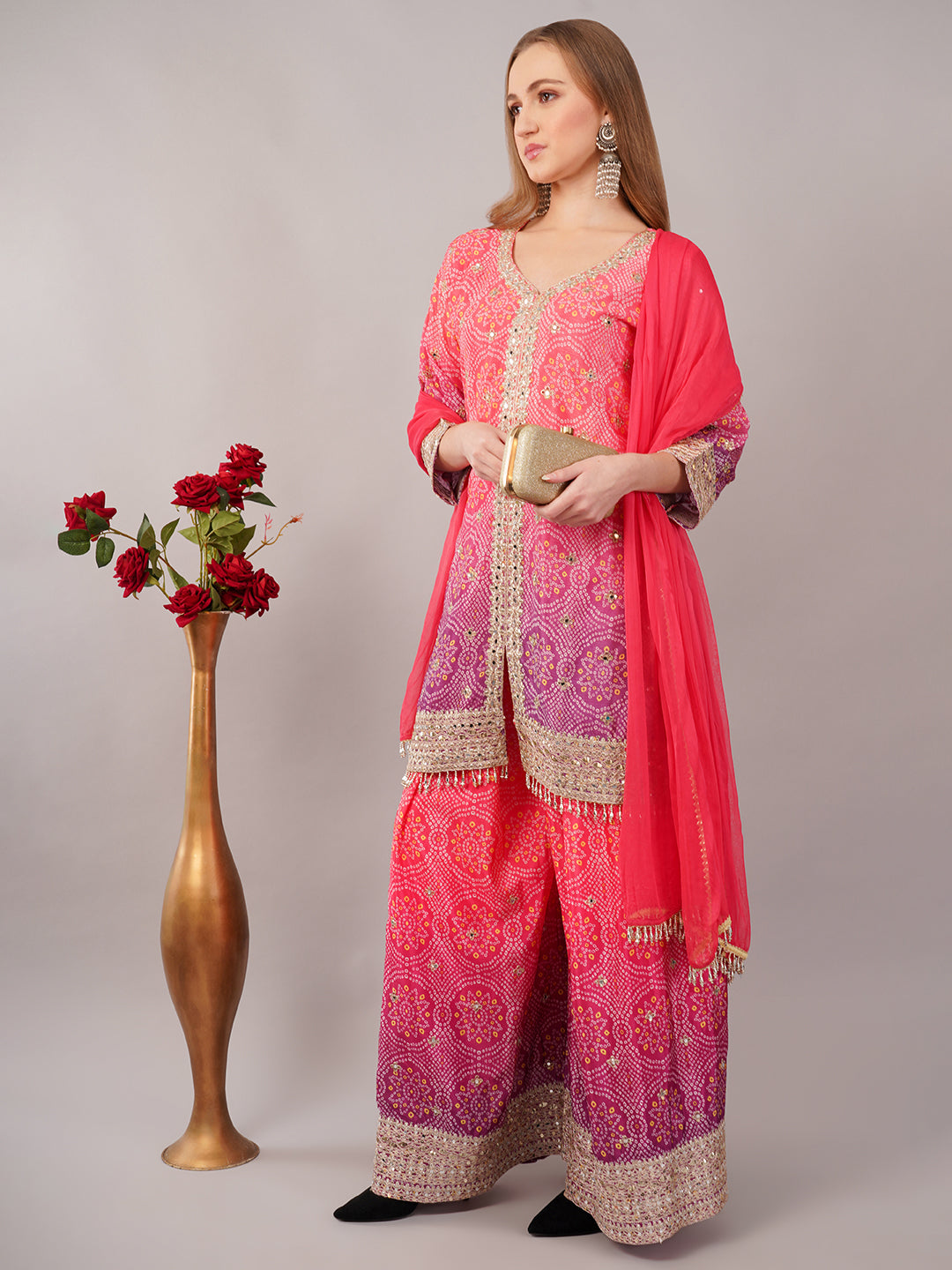 dhartii Festive Fucshia Pink Shaded Bandhni Sharara Set with Mirror Embellishments