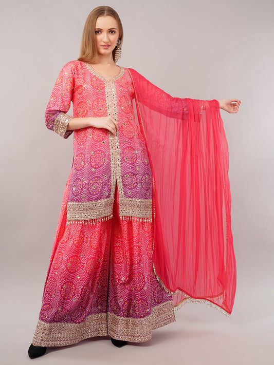 dhartii Festive Fucshia Pink Shaded Bandhni Sharara Set with Mirror Embellishments