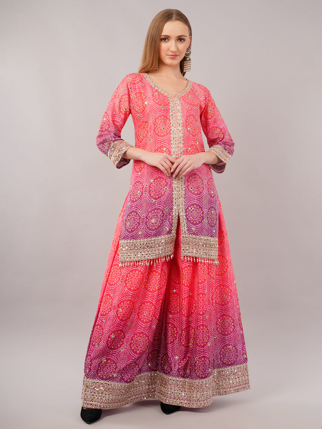 dhartii Festive Fucshia Pink Shaded Bandhni Sharara Set with Mirror Embellishments