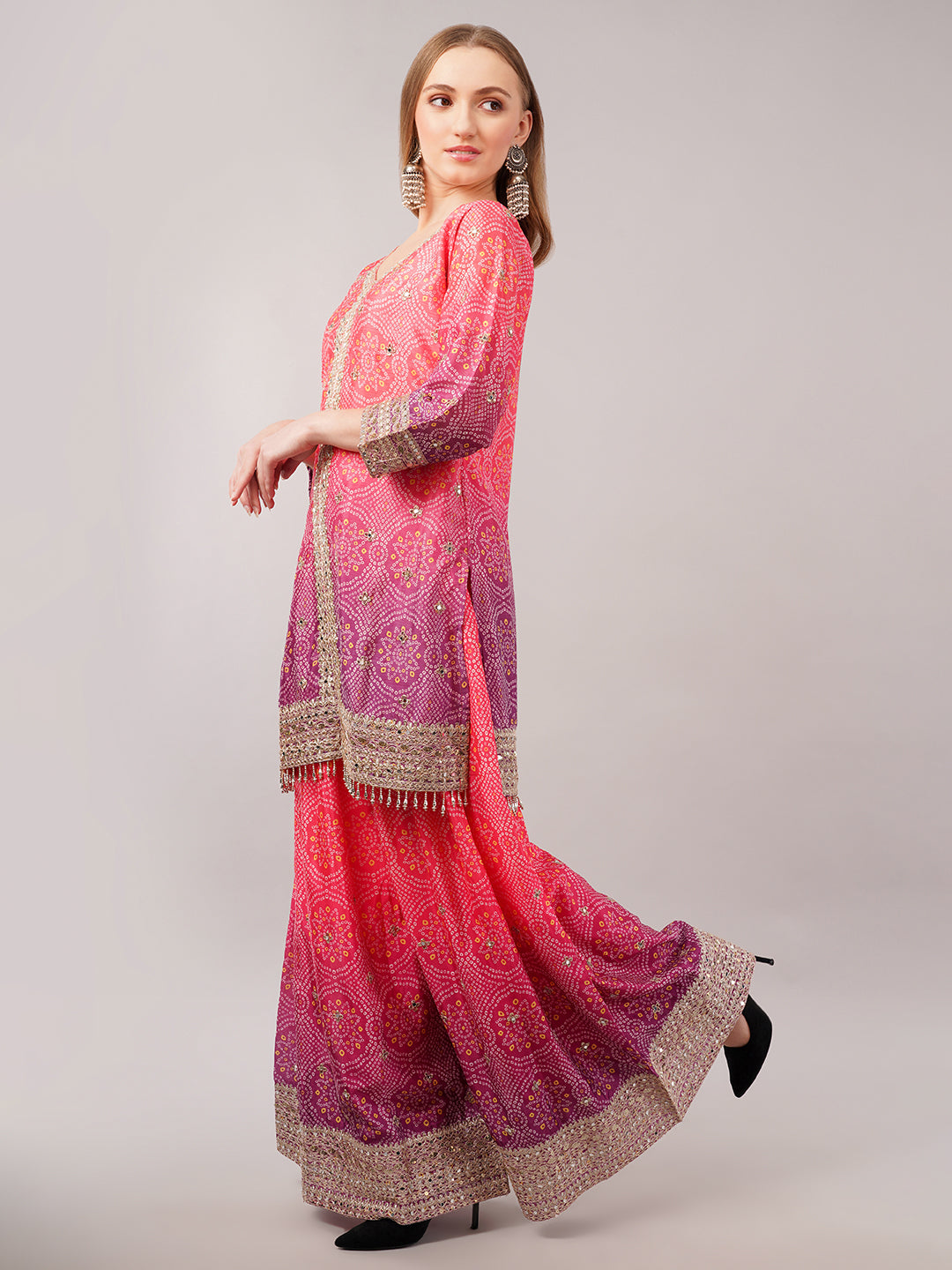 dhartii Festive Fucshia Pink Shaded Bandhni Sharara Set with Mirror Embellishments