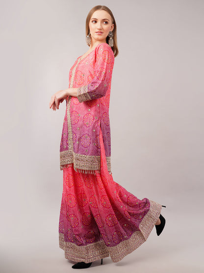 dhartii Festive Fucshia Pink Shaded Bandhni Sharara Set with Mirror Embellishments