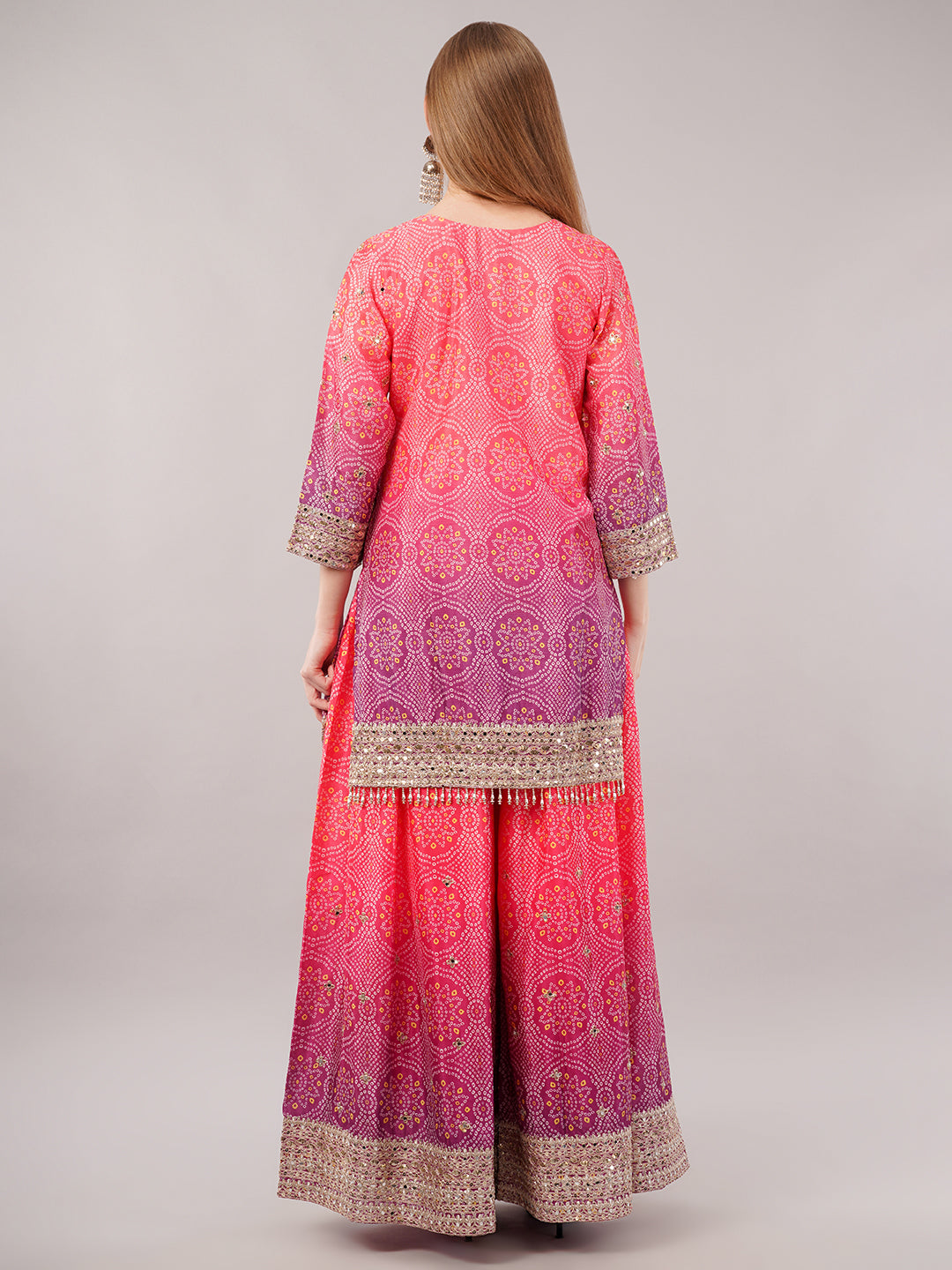 dhartii Festive Fucshia Pink Shaded Bandhni Sharara Set with Mirror Embellishments