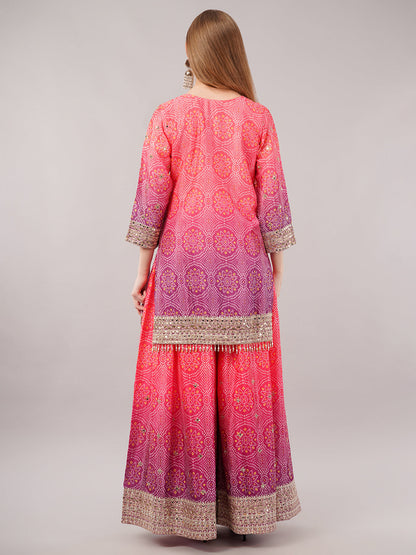 dhartii Festive Fucshia Pink Shaded Bandhni Sharara Set with Mirror Embellishments