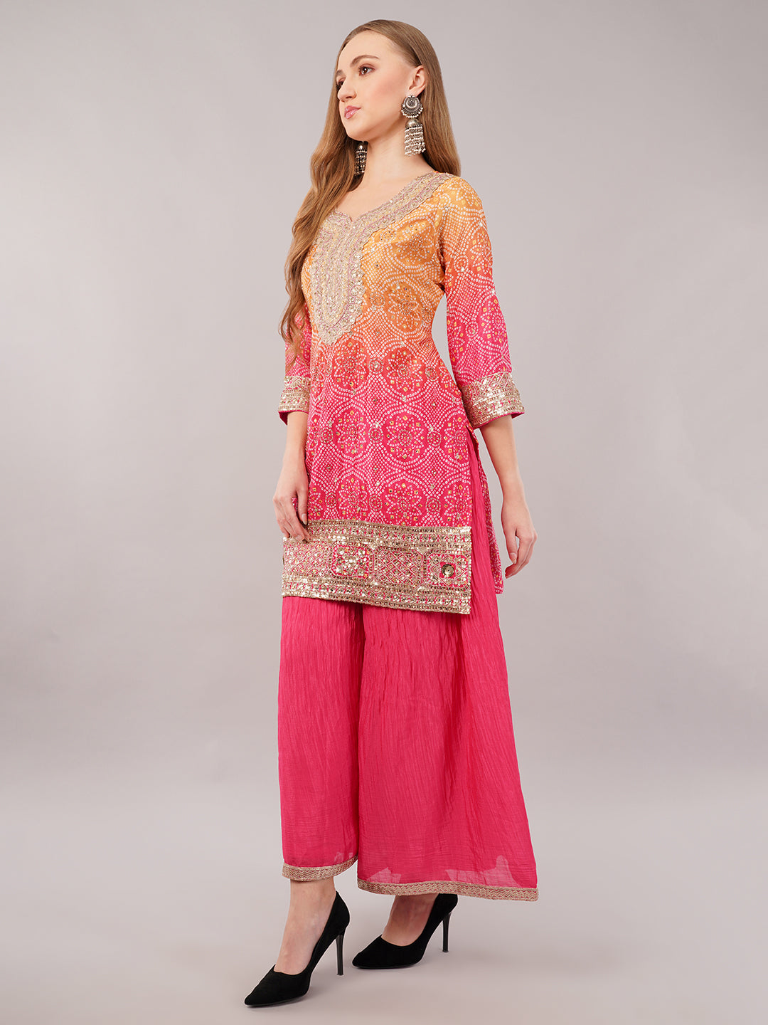 dhartii Festive Pink and Yellow Shaded Bandhni Sharara Set with Sequin Embellishments