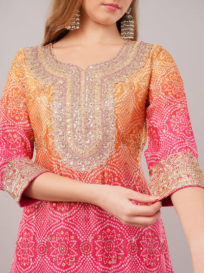 dhartii Festive Pink and Yellow Shaded Bandhni Sharara Set with Sequin Embellishments