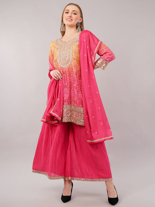 dhartii Festive Pink and Yellow Shaded Bandhni Sharara Set with Sequin Embellishments