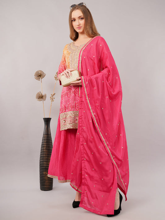dhartii Festive Pink and Yellow Shaded Bandhni Sharara Set with Sequin Embellishments