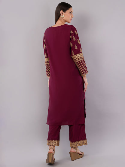 dhartii Modern Festive Dark Plum Embroidered Suit Set with Sheer Dupatta and Embroidered Palazzo (3 Piece Set)