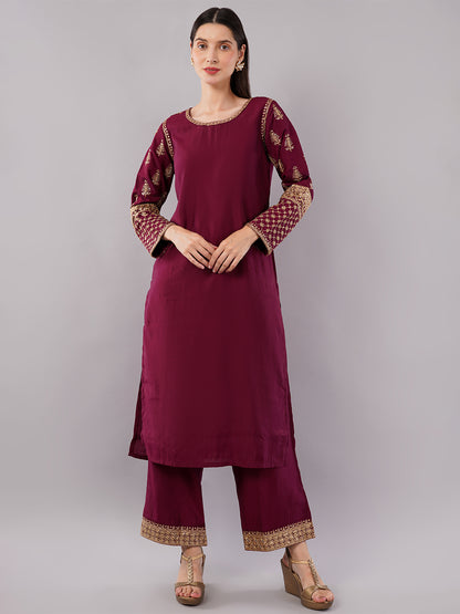 dhartii Modern Festive Dark Plum Embroidered Suit Set with Sheer Dupatta and Embroidered Palazzo (3 Piece Set)