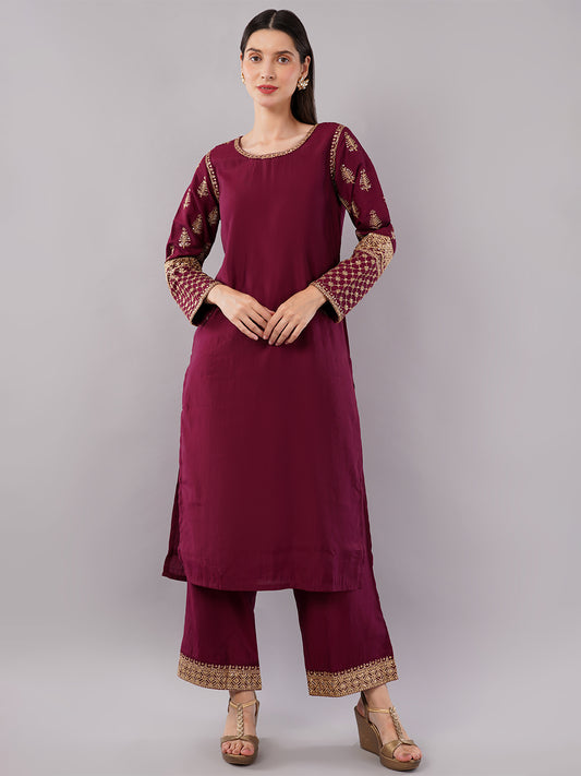 dhartii Modern Festive Dark Plum Embroidered Suit Set with Sheer Dupatta and Embroidered Palazzo (3 Piece Set)