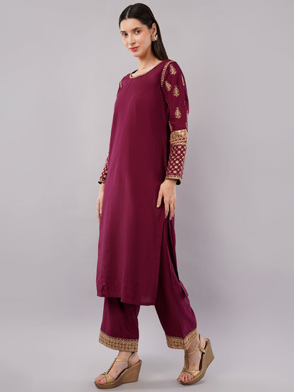 dhartii Modern Festive Dark Plum Embroidered Suit Set with Sheer Dupatta and Embroidered Palazzo (3 Piece Set)