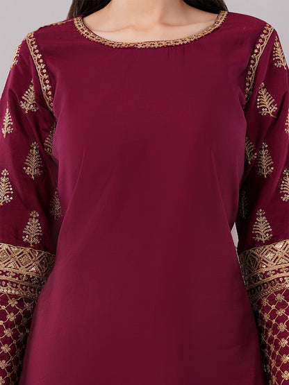 dhartii Modern Festive Dark Plum Embroidered Suit Set with Sheer Dupatta and Embroidered Palazzo (3 Piece Set)