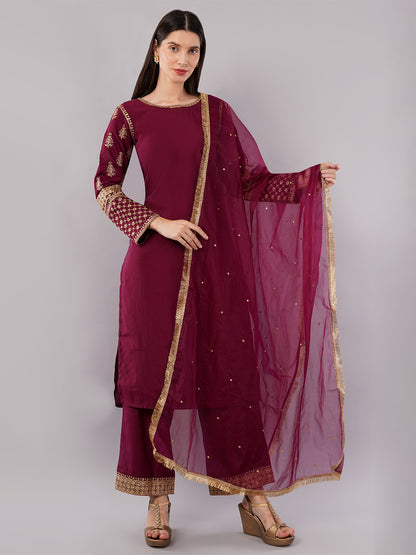 dhartii Modern Festive Dark Plum Embroidered Suit Set with Sheer Dupatta and Embroidered Palazzo (3 Piece Set)