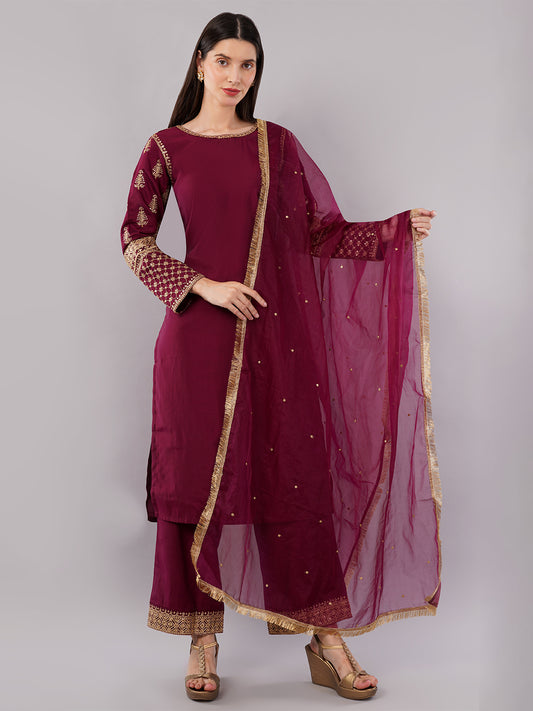 dhartii Modern Festive Dark Plum Embroidered Suit Set with Sheer Dupatta and Embroidered Palazzo (3 Piece Set)