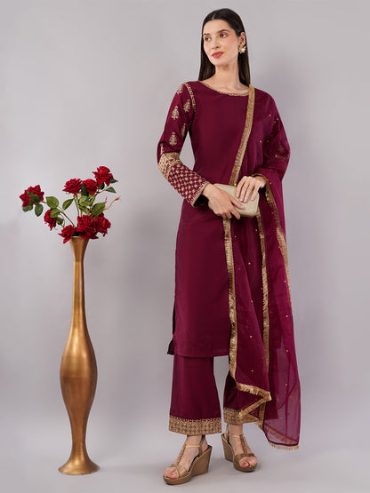 dhartii Modern Festive Dark Plum Embroidered Suit Set with Sheer Dupatta and Embroidered Palazzo (3 Piece Set)