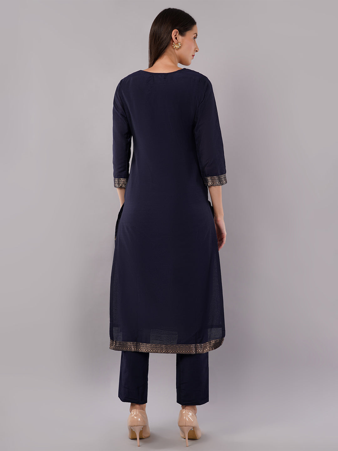 dhartii New Age Navy Blue Royal Brocade Suit Set with Dupatta and Pants (3 Piece Set)