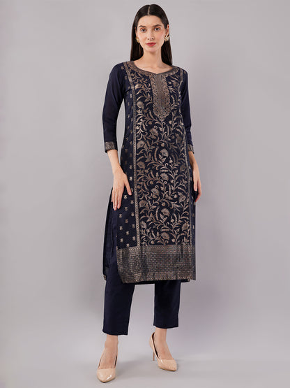 dhartii New Age Navy Blue Royal Brocade Suit Set with Dupatta and Pants (3 Piece Set)