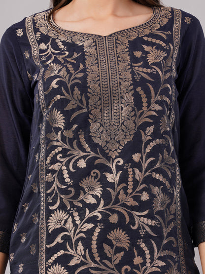 dhartii New Age Navy Blue Royal Brocade Suit Set with Dupatta and Pants (3 Piece Set)
