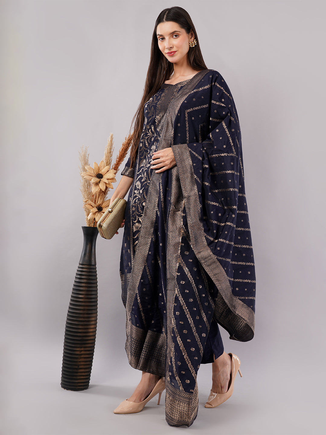 dhartii New Age Navy Blue Royal Brocade Suit Set with Dupatta and Pants (3 Piece Set)