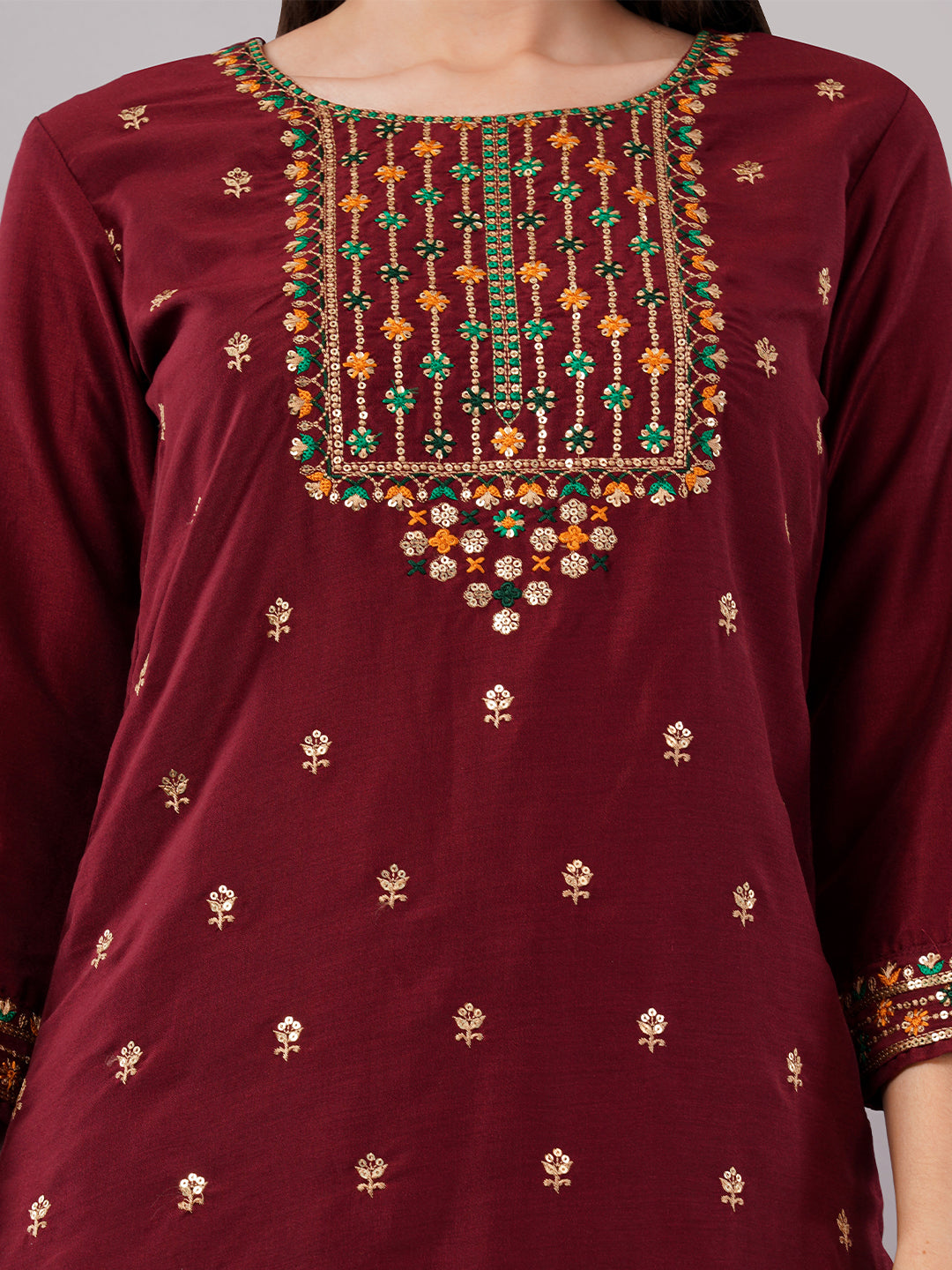 dhartii Trendy Festive Maroon Embroidered Suit Set with Floral Dupatta and Pants (3 Piece Set)