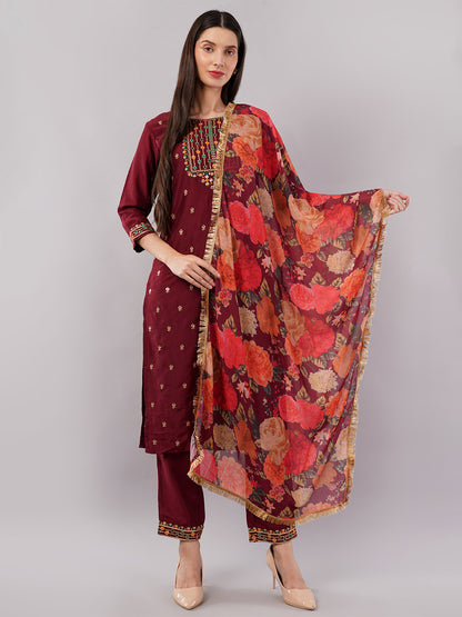 dhartii Trendy Festive Maroon Embroidered Suit Set with Floral Dupatta and Pants (3 Piece Set)