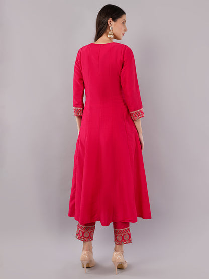 dhartii Classy Fuchsia Pink Delicate Neck Embroidered Anarkali Set with Organza Dupatta and Pants (3 Piece Set)