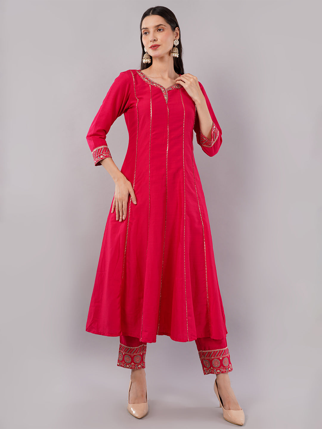 dhartii Classy Fuchsia Pink Delicate Neck Embroidered Anarkali Set with Organza Dupatta and Pants (3 Piece Set)