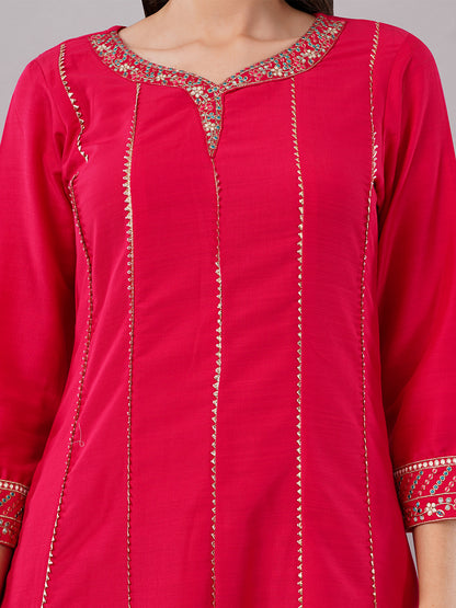 dhartii Classy Fuchsia Pink Delicate Neck Embroidered Anarkali Set with Organza Dupatta and Pants (3 Piece Set)