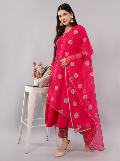 dhartii Classy Fuchsia Pink Delicate Neck Embroidered Anarkali Set with Organza Dupatta and Pants (3 Piece Set)