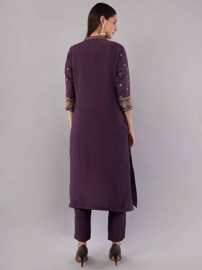 dhartii Festive Purple Glam Suit Set with Embroidered Front Slit, Foil Printed Net Dupatta with pants (3 Piece Set)