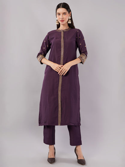 dhartii Festive Purple Glam Suit Set with Embroidered Front Slit, Foil Printed Net Dupatta with pants (3 Piece Set)